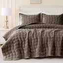 DOWNCOOL Velvet Quilt Set Queen Size, 3 Pieces Soft Lightweight Quilted Velvet Bedspread Coverlet Bedding with 2 Pillow Shams for All Season, Mocha Brown, Full/Queen