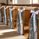 24 Set Wedding Aisle Chair Decorations White Long Tulle Tails Chair Sashes with Ribbon Bows and Artificial Eucalyptus Vine for Wedding Church Ceremony Pew Chairs Aisle Bulk