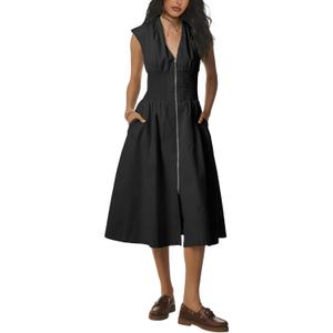 Tomosc Women Sleeveless Midi Dress Summer Casual V Neck Zip Front Smocked Shirt Dress with Pockets (17W-Black-XL)