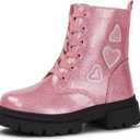 Tobfis Kids Girls Fashion Shiny Combat Work Boots Side Zipper Ankle Boots(Toddler/Little Kid/Big Kid) (Pink)
