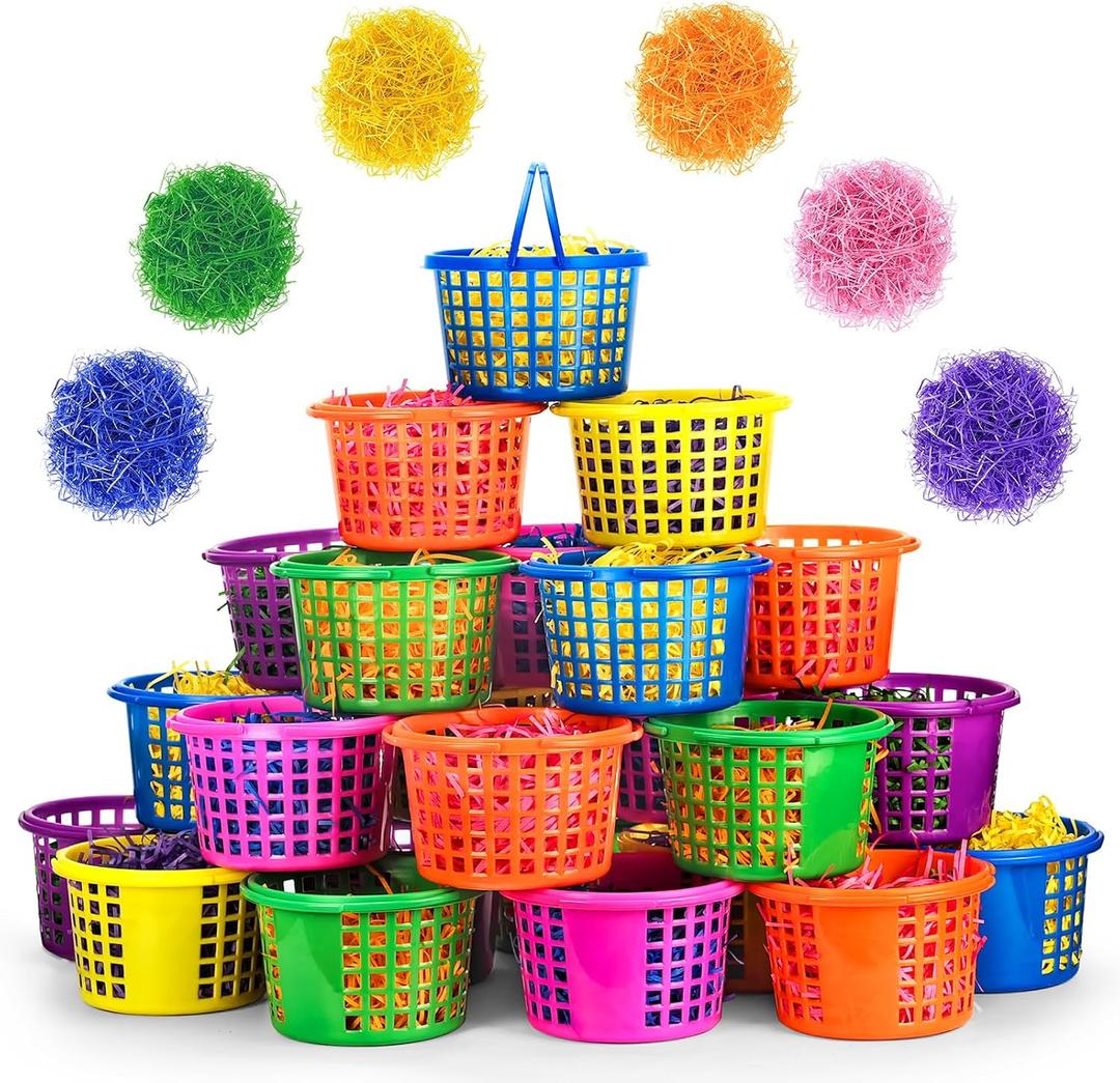 Evoio Easter Baskets in Bulk for Kids 24 PCS Plastic Easter Basket Bucket for Eggs Hunts Game, Classroom Eggs Collecting Baskets with 6 Color Raffia Paper Grass Filler Basket for Kids Egg Hunts Party