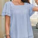 Falechay Plus Size Tops for Women Casual Summer Ruffle Short Sleeve Eyelet Chiffon Babydoll Lace Floral Crochet Blouse Bohemian Square Neck Blue XXL