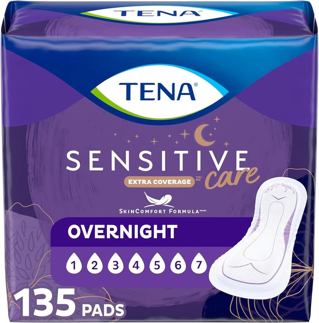 TENA Sensitive Care Incontinence Pads, Bladder Control, Postpartum for Women, Overnight Absorbency, Extra Coverage, 135 Count