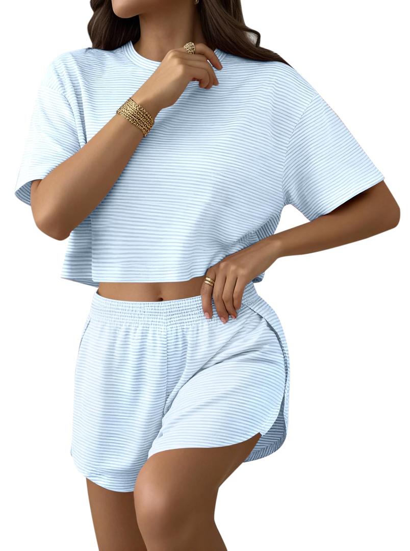 Remidoo Womens Split Short Pajama Set Striped Tee Shirts and Shorts Slit Pajamas Pj Sets White Blue Small (S)