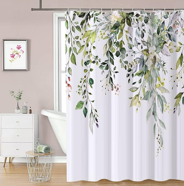 REZAYMRS Floral Shower Curtain with 12 Hooks, 72''x72'' Waterproof Polyester Fabric Shower Curtains for Bathroom, Weighted Hem Bathtubs Hotel Curtain, Machine Washable, Quick Dry (Green)