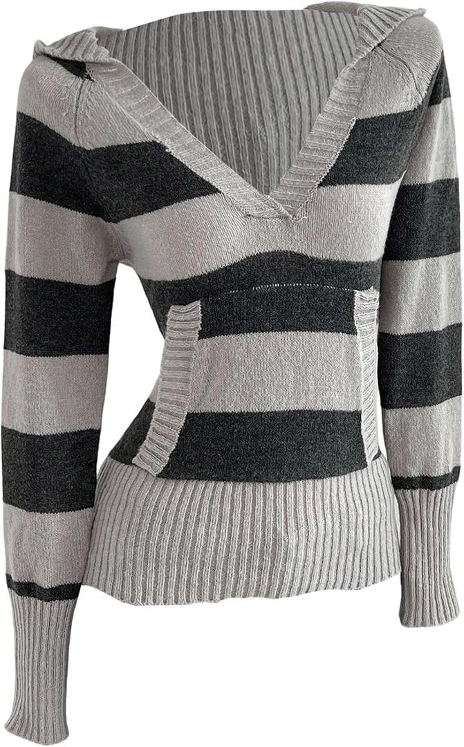 RoseSeek Women's Striped Sweaters Hooded V Neck Fitted Jumper Long Sleeve Pullover Tops 2000s Fall Outfits (Gray, S)
