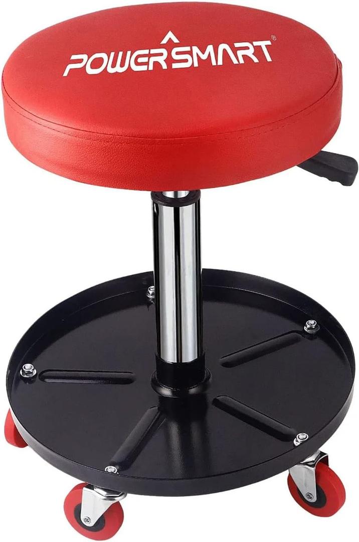 PowerSmart 360 Rolling Mechanic Stool with Tool Tray, Adjustable 15-20 Inches, 300 lbs Capacity, Comfortable & Durable for Garage/Shop Use