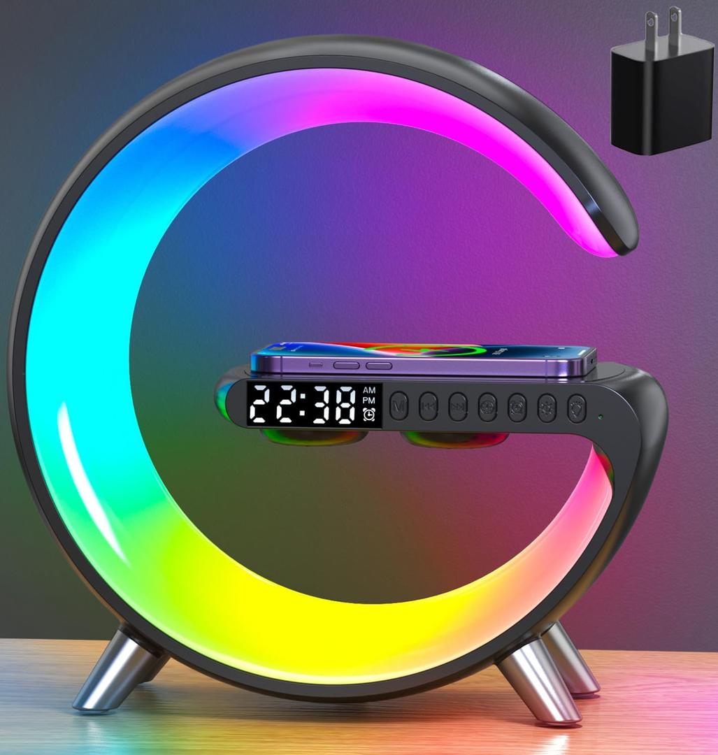 Smart Table Lamp, 15W Wireless Charger Station with LED Atmosphere Lamp, Bedside Night Light, Alarm Clock, Bluetooth Speaker with App Control for Home Decor, Gift for Girls Boys for Birthday Christmas (Black)