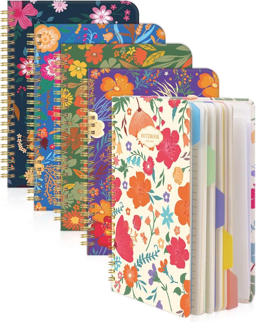 Dynta Spiral Notebooks 5 Subject 5-Pack College Ruled Hardcover with Removable Dividers 160 Pages/80 Sheets Each, A5(8.5 "x 5.7") Cute Blooming Floral, for Students Office Business Diary Book