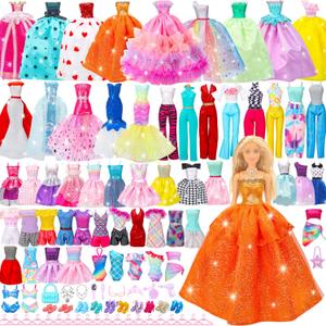 56 Pcs Doll Clothes and Accessories,2 Wedding Gowns 2 Evening Dresses 6 Fashion Dresses 4 Set Casual Outfit Top and Pant 2 Swimsuit,20 Hanger 10 Shoe 10 Accessories Toys for Girls Kid Gift