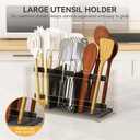Yofidra Bamboo Utensil Holder & Silverware Organizer: Extra Large Cooking Spoon Holder with Absorbing Drying Stone and 6 Compartments Kitchen Countertop Farmhouse Decor 11.8"X4.7"X5.9" Black