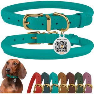 BronzeDog Rolled Leather Dog Collar with QR ID Tag, Adjustable Soft Round Collars for Small Medium Large Dogs Puppy (11" - 14 1/2" Neck Size, Turquoise)