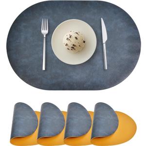 Oval Placemats Set of 4, Faux Leather Place Mats for Dining Table Dual Sided Placemats Heat Resistant Washable Wipeable Table Mats for Indoor Outdoor, Blue/Yellow