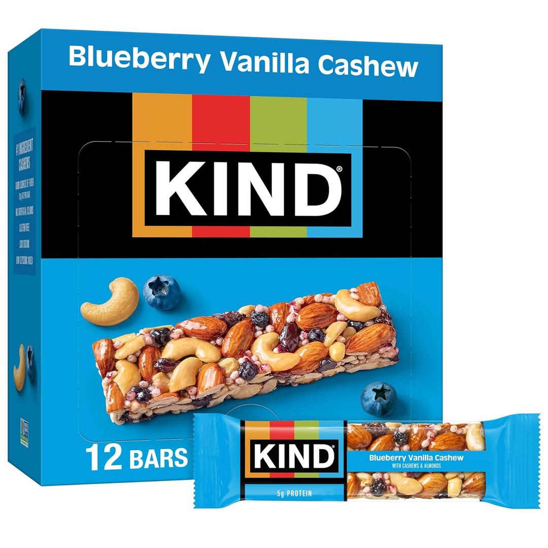 KIND Healthy Snacks Bars, Blueberry Vanilla Cashew, Gluten Free, 5g Protein, 12 Count (EXP 07/20/27)