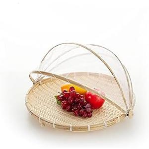 Round Bamboo Tent Basket with lid, Vegetables/Fruits, Bread, Storage Basket (14.1 inches in Diameter)