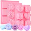 SJ Soap Molds 3 Packs, Rectangle Heart and Flower Shape Silicone Soap Molds for Soap Making, 6 Cavity for Bath Bombs, Homemade Soaps, Jelly, Pink