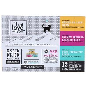 I&Love&You Ninja Cat Jiu JIT Stew Variety Packs Wet Cat Food, Grain Free, Artificial Preservatives Free, 12 Each (Pack of 4), BB 11/09/2027