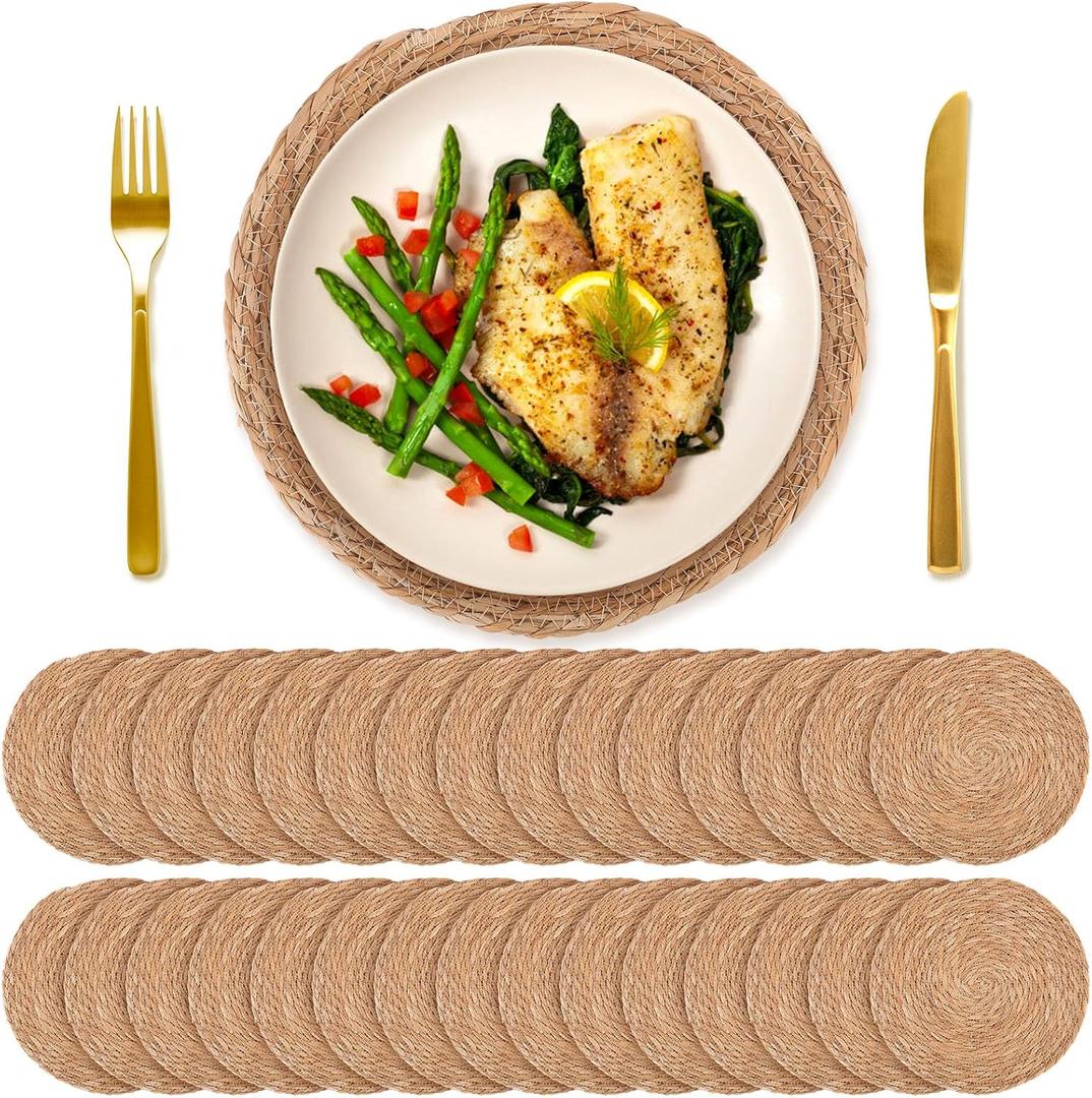 30 PCS Round Bulrush Woven Placemats 12 Inch Boho Rattan Chargers for Dinner Plates Natural Hand Weave Table Mats Rustic Wicker Braided for Farmhouse Home Wedding Party Outdoor Christmas Decor