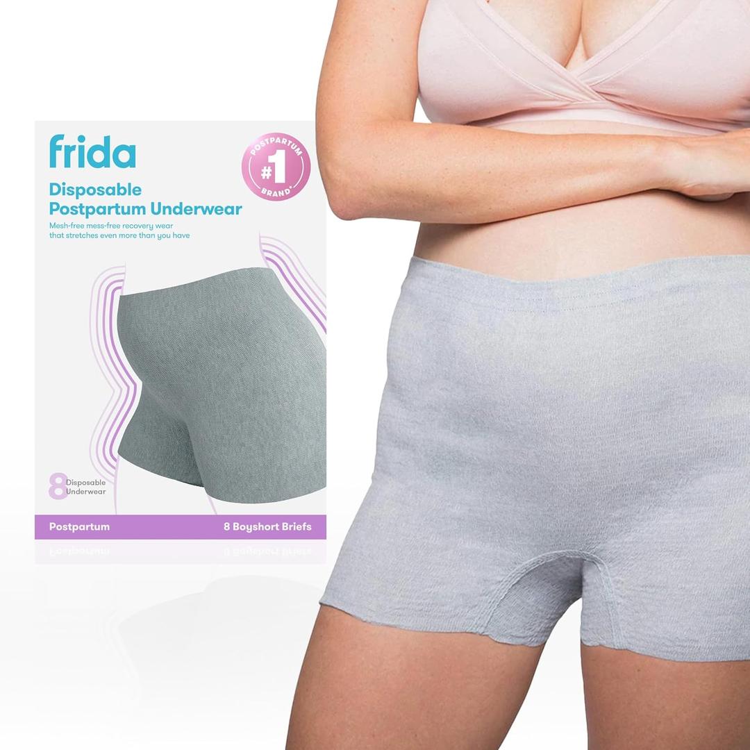 Frida Mom 8pc Postpartum Underwear, Disposable Boyshort Panties, Seamless, Stretch Support, New Mom Essentials, Size M/L (28in-42in) (Grey)