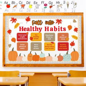 2Pack Fall Healthy Habits Bulletin Board Decorations Set Thanksgiving Bulletin Board Autumn Classroom Decor Pumpkin Maple Leaves Paper Cutouts for School Wall Decor(Fall into Healthy Habits)