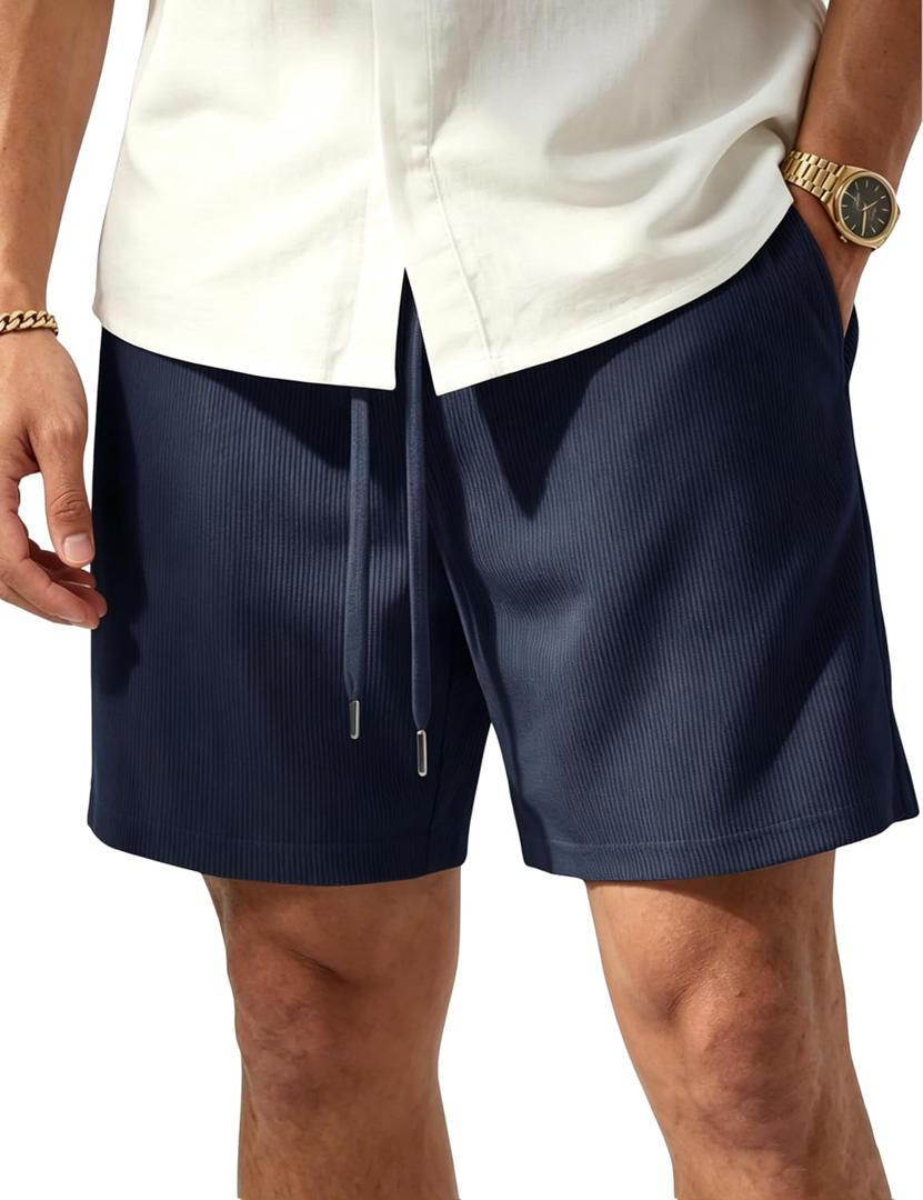TACVASEN Mens Corduroy Shorts Casual 6" Inseam Summer Beach Elastic Waist Drawstring Lightweight Shorts with Pockets (Blue)