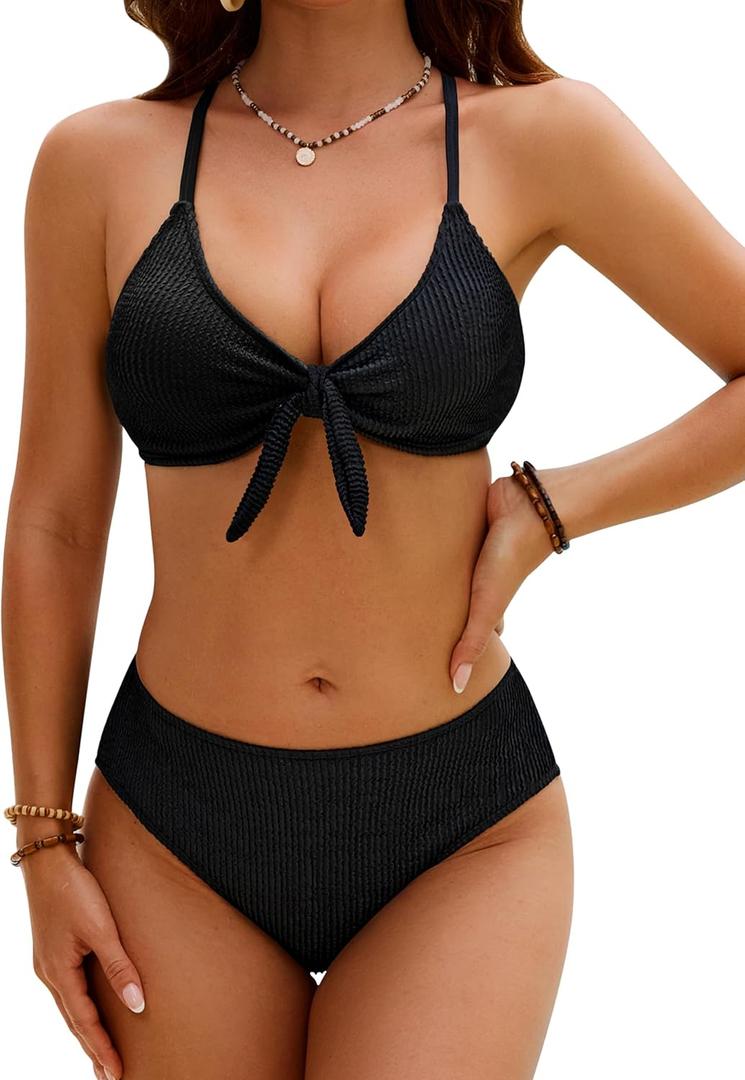 Blooming Jelly Womens Bikini Sets 2 Piece Cheeky High Cut Bathing Suit Sexy Color Block Ribbed Tie Knot Swimsuits (Medium, Black)