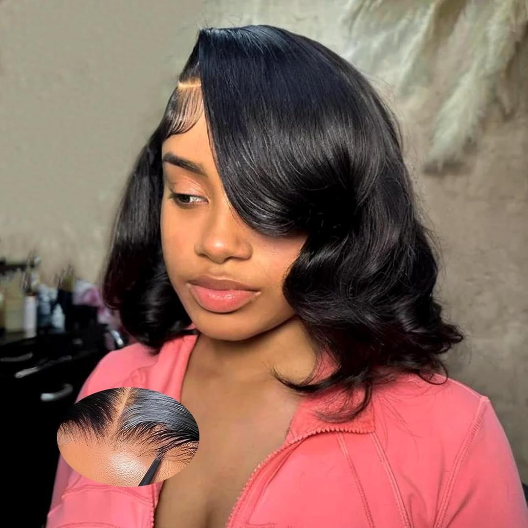 Glueless Wigs Human Hair Pre Plucked Pre Cut 4x4 Body Wave Bob Wig Human Hair Wear and Go Glueless Wigs Pre Plucked Pre Cut Natural Hairline 180% Density Natural Color (12 Inch)