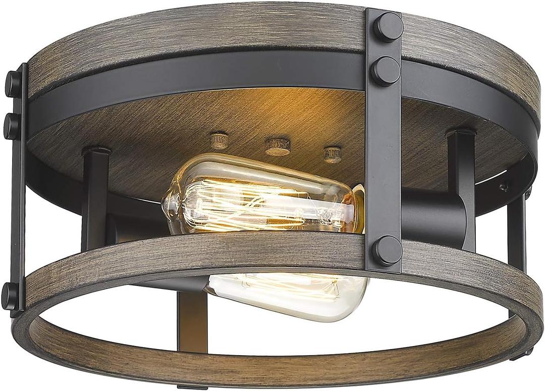2-Light Farmhouse Flush Mount Ceiling Light, 12 inch Kitchen Ceiling Light, Round Rustic Light Fixtures with Black & Wood Grain Finish for Entryway Hallway, OS-3016BK