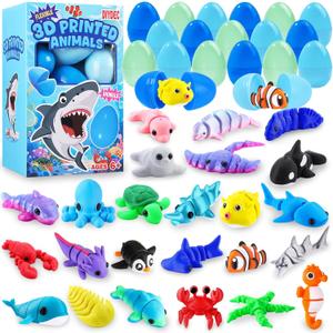 DIYDEC 24pcs Prefilled with Easter Eggs 3D Printed Animals, Mini 3D Printed Ocean Figurines Gifts Toys for Kids Easter Basket Stuffers for Boy Girl School Classroom Prizes Hunt Supplies Party Favors