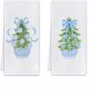 Blue Chinoiserie Christmas Tree Kitchen Towels, Preppy Coquette Bow Christmas Dish Tea Towels for Kitchen, Grandmillennial Xmas Tree Decorative Hand Towel for Bathroom, 16x24 Inch Set of 2