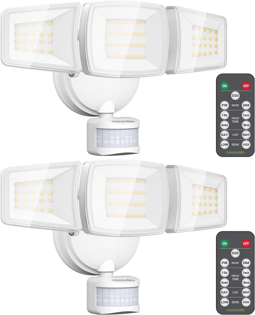 NOVOSTELLA Security Lights Motion Sensor Outdoor, 2Pack LED Flood Lights with Remote, Dusk to Dawn 45W 5000lm 5000K, 3 Heads Wired Wall Adjustable Floodlights, IP65 Waterproof for Garage Yard House