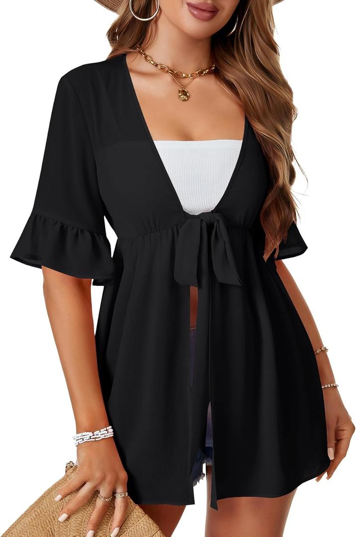 LYANER Women's V Neck Flounce Half Sleeve Tie Knot Front Coverup Beach Cardigan Blouse (X-Large, Black)