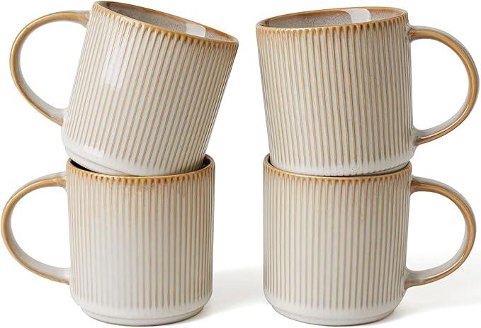 famiware Coffee Mug Set for 4, Star 12 oz Catering Mugs Cup Set with Handle for Coffee, Tea, Cocoa, Milk - Ceramic Stoneware Drinkware Set, Cappuccino White, 4 Count (Pack of 1)