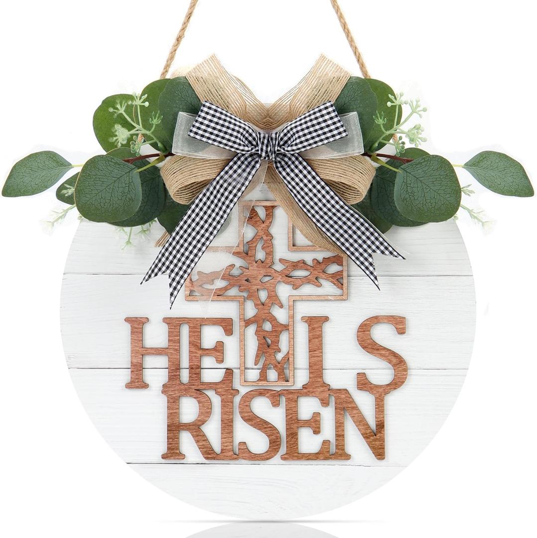 TOARTi He is Risen Easter Front Door Sign Wreath (11.4"x11.4"), Rustic Christian Cross Wall Sign Hanging Plaque, Farmhouse Religious Home Wooden Door Decoration for Housewarming Easter Gift