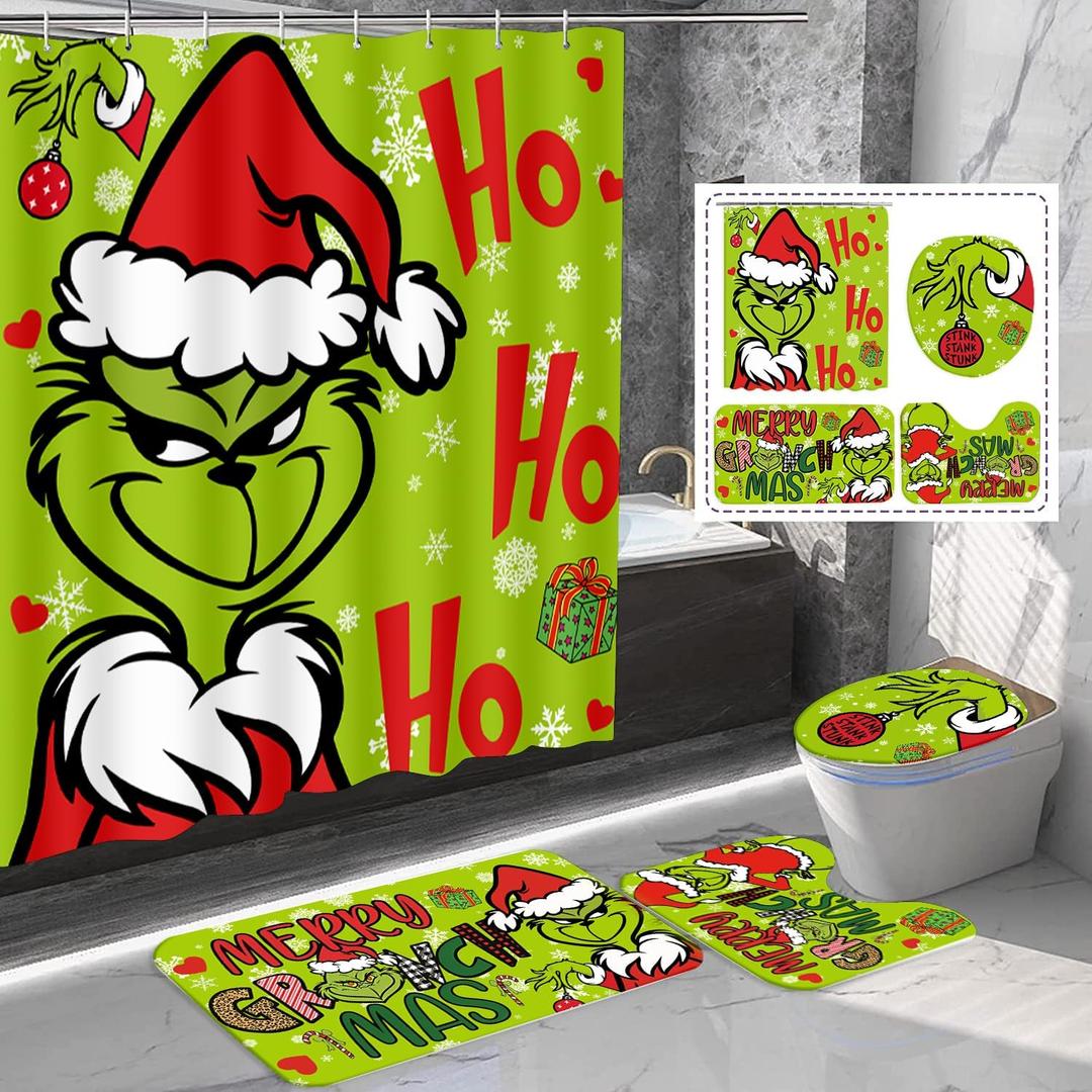 4 Pcs Christmas Bathroom Set, Christmas Shower Curtain Sets Ho Ho Ho Shower Curtain Non-Slip Rugs Toilet Lid Cover and Bath Mat Set 72 X 72 Inches with Hooks Christmas Holiday Bathroom Decor (styleC)