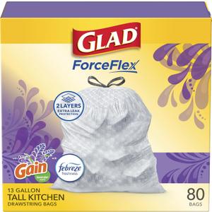 Glad ForceFlex Tall Kitchen Trash Bags, 13 Gallon, Gain Lavender, 80 Count 