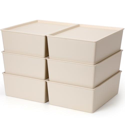 Menkxi 6 Pcs Plastic Storage Bins with Lids Stackable Storage Containers Durable Box Baskets for Organizing Shelves Playroom Classroom Office (Large, White) 