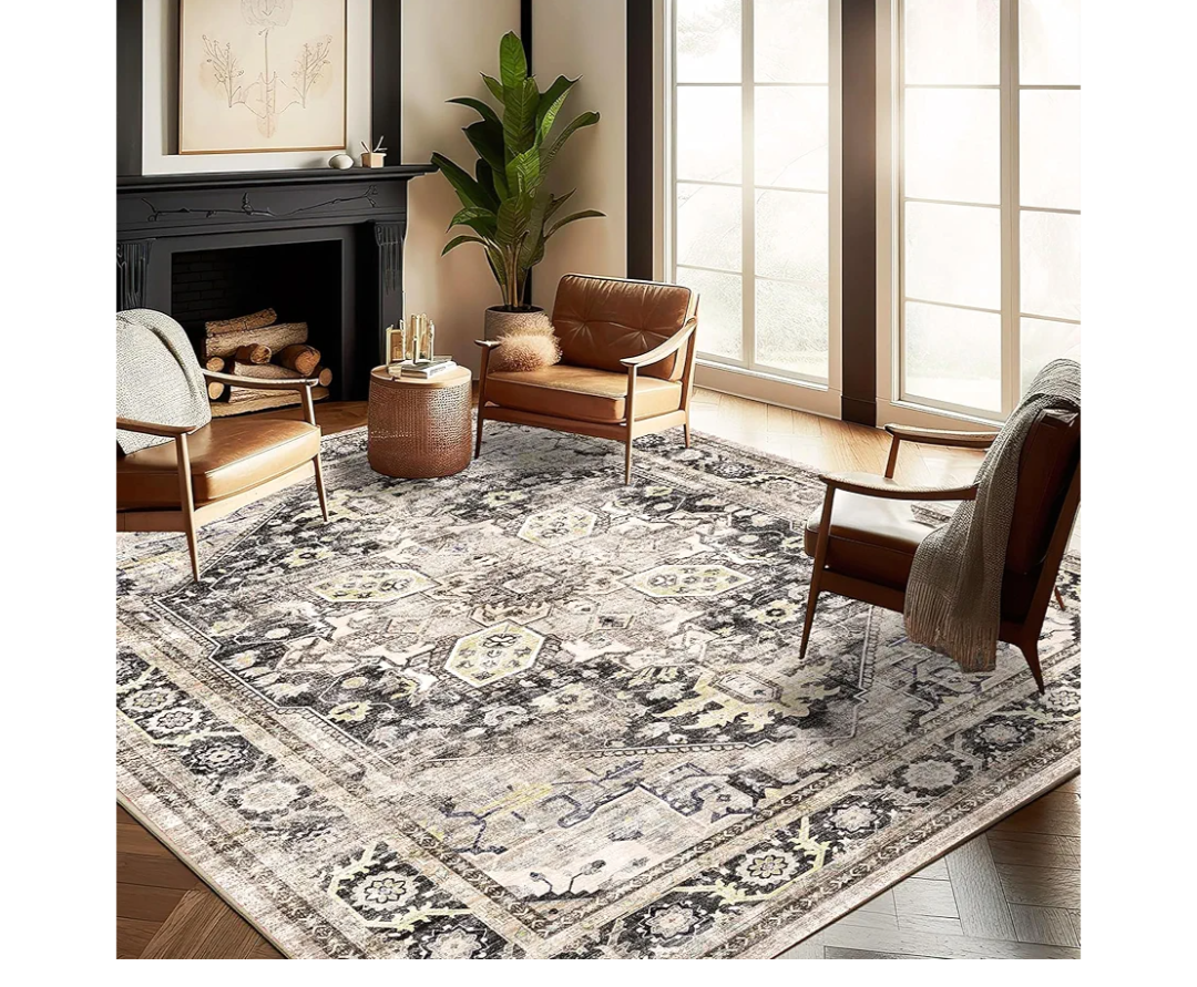 Washable Area Rug 8'x10' Black-Purple Khaki Retro Boho Design Non-Shedding Non-Slip Easy Care Ideal for High Traffic Areas in Living Room Bedroom Office Coffee Table Kitchen Large Carpet