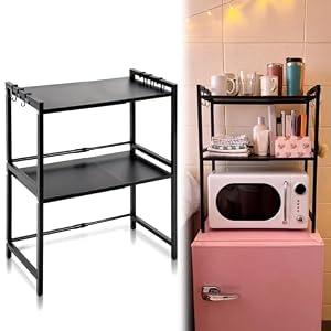Geetery Expandable 2 Tier Mini Fridge Stand with Storage for Dorm Microwave Stand Over Mini Fridge Storage Shelf 15"-26" Kitchen Countertop Organizer with 6 Hooks College Rooms Kitchen