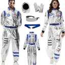 Akokvlar 5Pcs Adult Astronaut Costume Silver Spaceman Suit for Men Women Halloween Cosplay Set (Large, Blue)