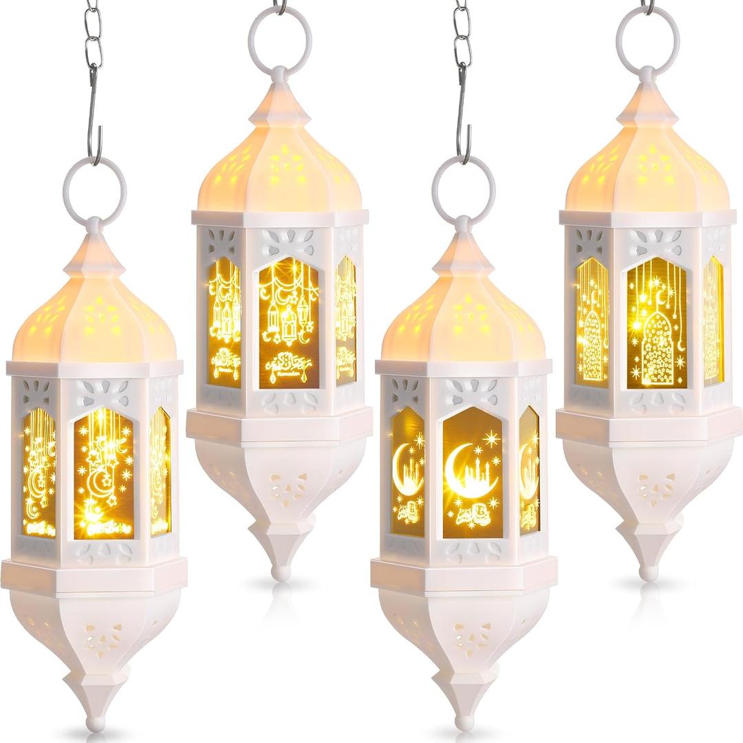 Threan 4 Pcs Ramadan Lantern Hanging Hexagon Decorations Ramadan Mubarak Lantern LED Eid Mubarak Lights Kids Gifts for Home Muslim Islam Festival Porch Decor(White)