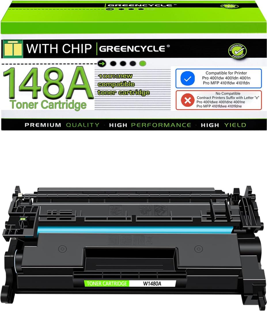 greencycle 148A with Chip W1480A Toner Cartridge Replacement Compatible for HP 148A Black Toner Cartridge Work with Laser Jet Pro 4001dw 4001dn 4001n MFP 4101fdw 4101fdn Ink Cartridge(1PCS,with Chip)