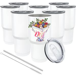 YOUKE OLA 8 Pack Sublimation Tumbler Blank White Bulk Stainless Steel Double Wall Vacuum Insulated Coffee Travel Tumbler Car Cups with Straws, 30oz