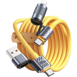[Chubby Series 5FT-100W 4-in-1 USB C to Lightning Cable,[High-Speed Charging&Fast Data Transfer][CarPlay&Android Auto Support] Multi Charger Cord Combo Type C/Type A for iPhone Samsung i-Pad (Yellow)