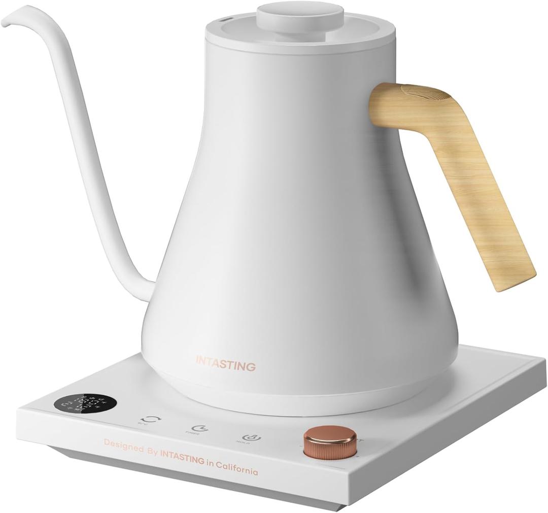 INTASTING Electric Kettles, Gooseneck Electric Kettle, 1 Temperature Control, Stainless Steel Inner, Quick Heating, for Pour Over Coffee, Brew Tea, Boil Hot Water, 0.9L White