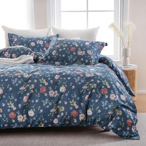 Floral Theme 100% Cotton Duvet Cover Queen Size,Navy and Pink Flowers Reversible Comforter Cover with Zipper Closure,Soft 3 Pieces Vintage Style Bedding Set with 2 Pillow Shams for Women