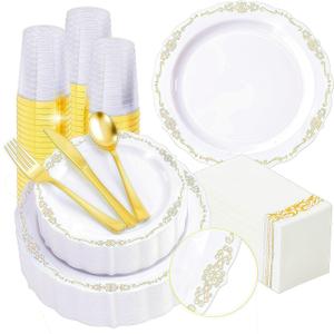 Fijinhom 350 PCS White and Gold Disposable Plates, Elegant Dinnerware Set for 50 Guests, 100 Plastic Plates, 150 Silverware, 50 Cups & 50 Paper Napkins, White and Gold