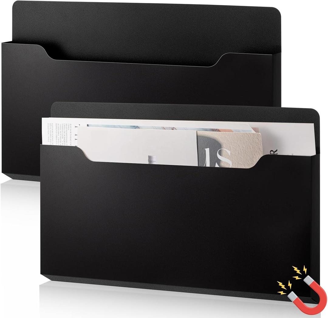 Feifeiya 2 Pcs Magnetic File Folder Wall Hanging Holder Large Pocket Paper Magazine Mail Organizer for Refrigerator Classroom Locker Whiteboard(Horizontal,Black Color,13.8 x 8.3 Inches)