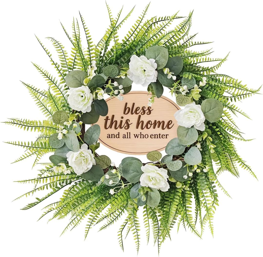 Green Eucalyptus Wreath with Flower and Welcome Sign, 20" Artificial Spring Summer Decorations for Front Door Wall Window Farmhouse Porch Patio Garden Decor