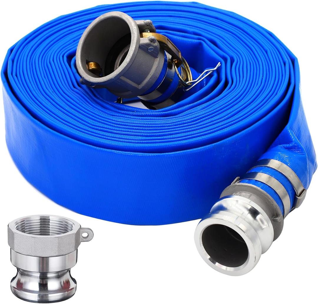 DAVCO 2" ID 50 ft PVC Lay Flat Discharge Hose, Heavy Duty Reinforced Blue Pool Backwash Hoses For Swimming Drain Pools, with Aluminum Camlock C and E Fittings, Cam Lock Fitting Type A included
